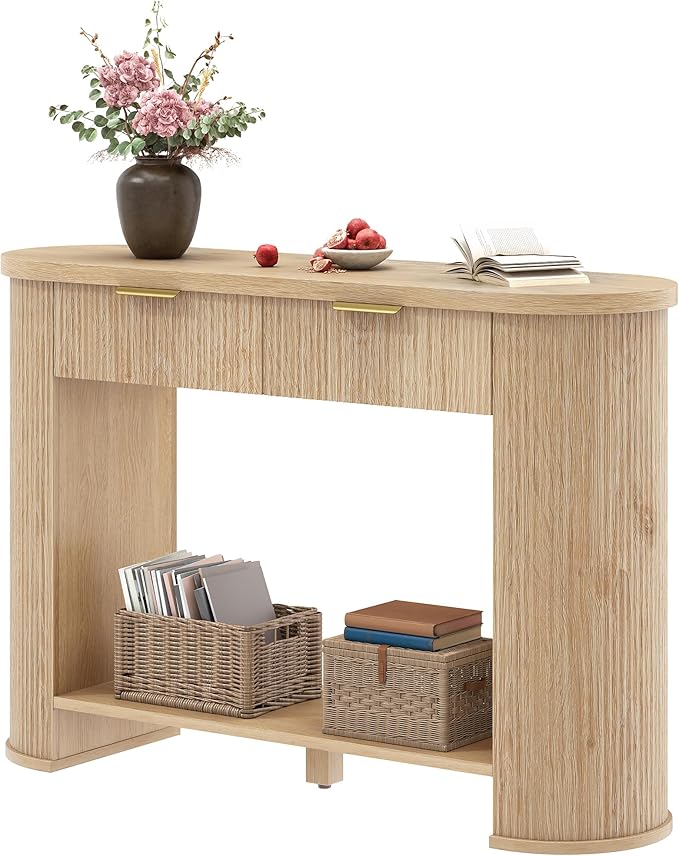 YITAHOME 47.2" Farmhouse Console Table for Entryway, Entry Hallway Foyer Table with 2 Drawers and Storage Shelf, Large Sofa Behind Couch Fluted Oval Desk for Hallway Living Room, Oak Color