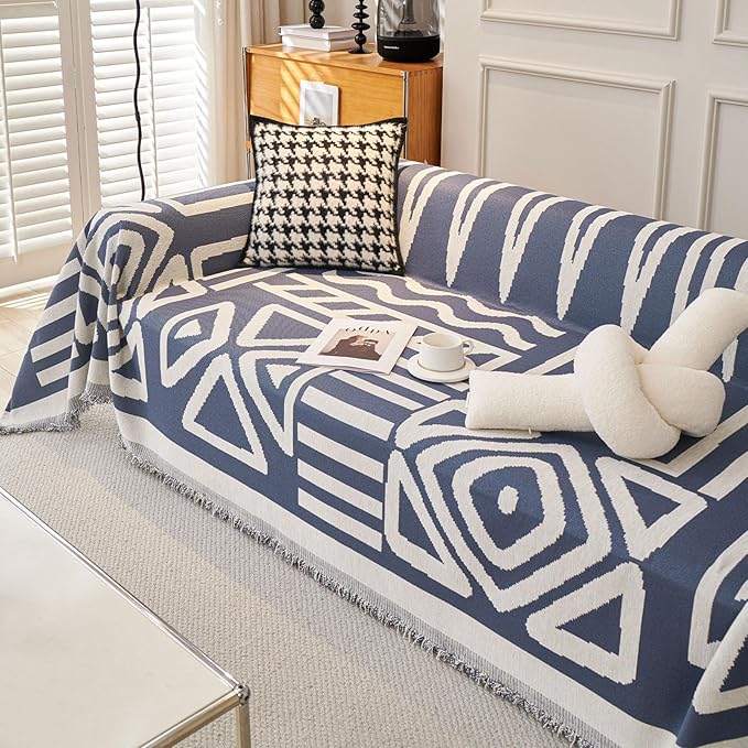 STACYPIK Jacquard Blue Geometric Sofa Cover Thick Soft Boho Couch Covers for 1 Cushion Couch Dogs Cats Furniture Protector Cover Reversible Armchair Cover for Pets Dog Cat Sofa Throw Cover-71X71IN