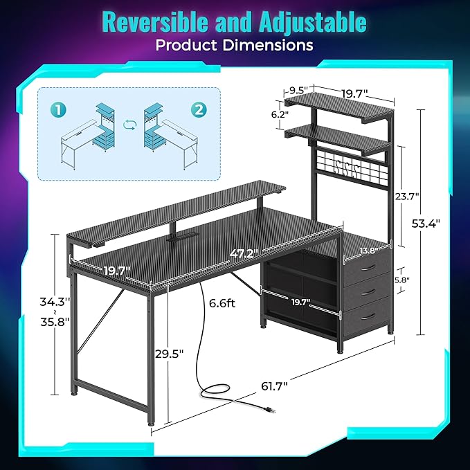 PRAISUN 61.7" Gaming Desk with LED Lights & Outlets, Computer Desk with 3 Fabric Drawers, PC Desk with PC Case Stand & Movable Storage Shelves, Monitor Stand, Reversible, Carbon Fiber Black