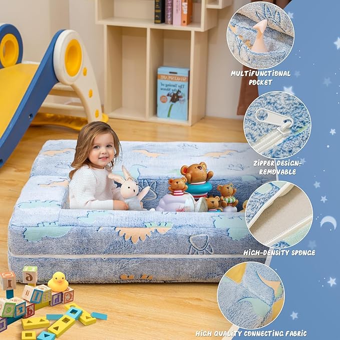 Lamerge Toddler Couch Glow in The Dark Toddler Fold Out Couch for playroom, Convertible Baby Fold Out Play Foam and Floor Cushion for Bedroom (Blue+Dinosaur)
