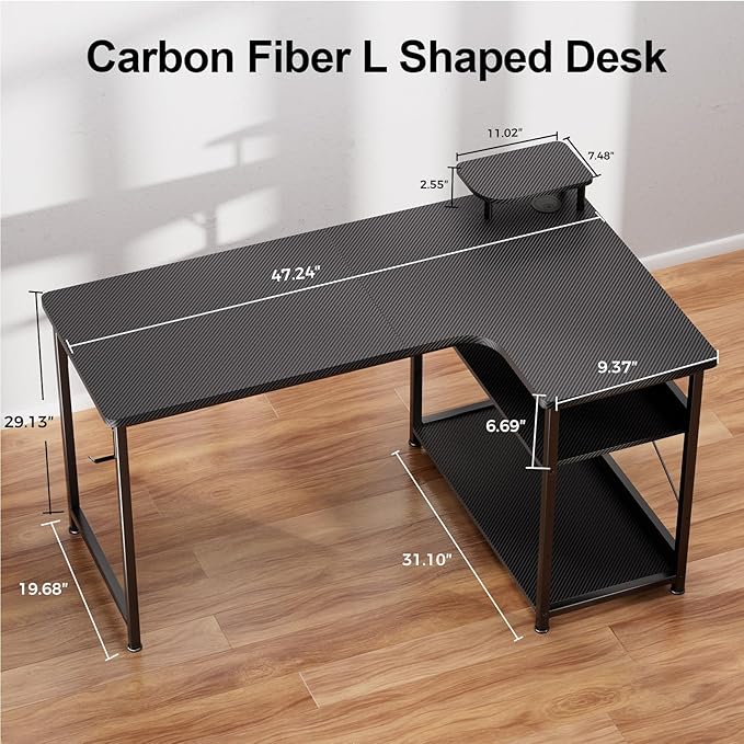 GTPLAYER L Shaped Gaming Desk, Carbon Fiber Style Computer Desk with Monitor Shelf and Hook, Black Small L Shape Desk with Adjustable Open Storage Shelf, Corner PC Table for Small Space Home Office