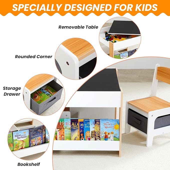 Asweets Kids Table and Chair Set,4 in 1 Toddler Desk with Storage Drawer,Wooden Activity Table for 2 in 1 Detachable Tabletop,Bookshelf,Suitable for Classroom,Home,Nursery,Playroom (Natural White)