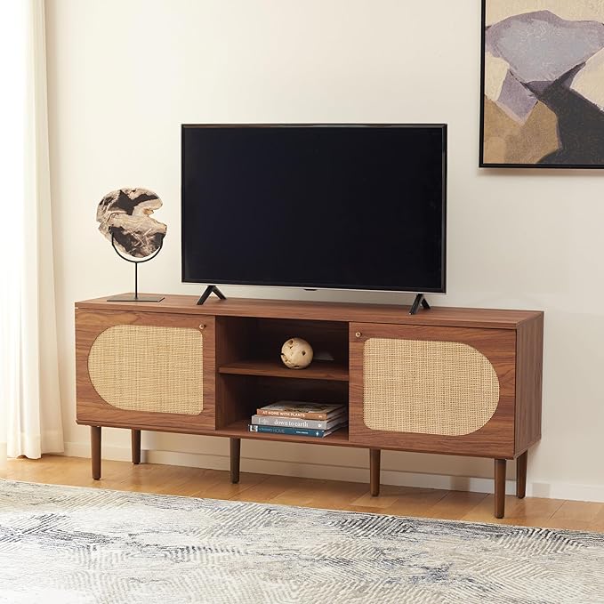 SAFAVIEH Claude TV Stand for up to 65" Flatscreen – Walnut, 2 Sliding Doors with Interior Storage, 2 Open Shelves, Entertainment Media Console (MED9610A)