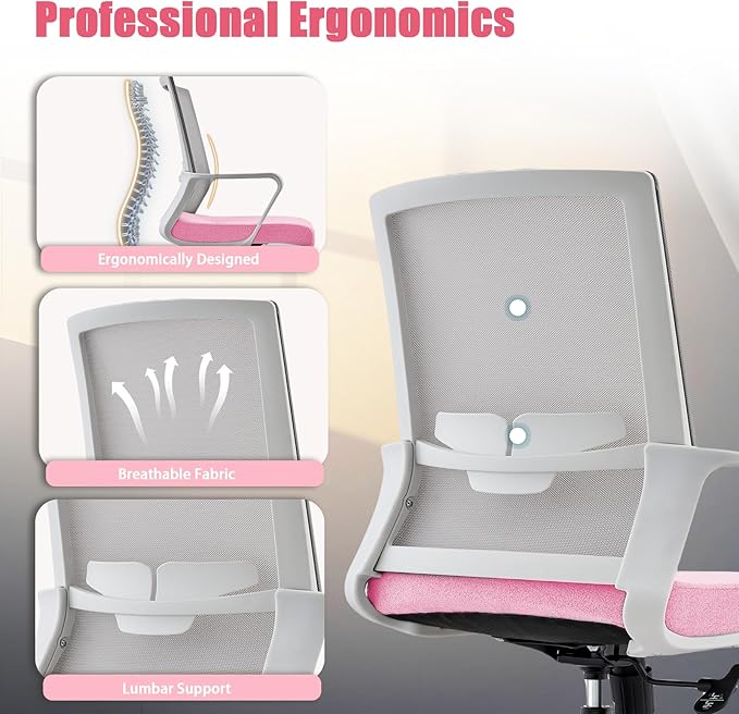 Office Chair ergonomically Designed with Breathable mesh backrest and Lumbar Support Adjustable Height Suitable for Offices Homes bedrooms Study Rooms Pink
