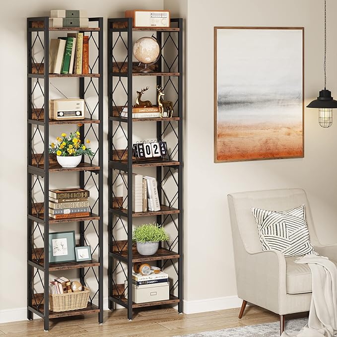 Tribesigns 78.7 Inch Extra Tall Narrow Bookshelf, 7-Tier Skinny Bookcase for Small Spaces, Freestanding Display Shelves, Multifunctional Corner Storage Organizer for Home Office, Rustic Brown