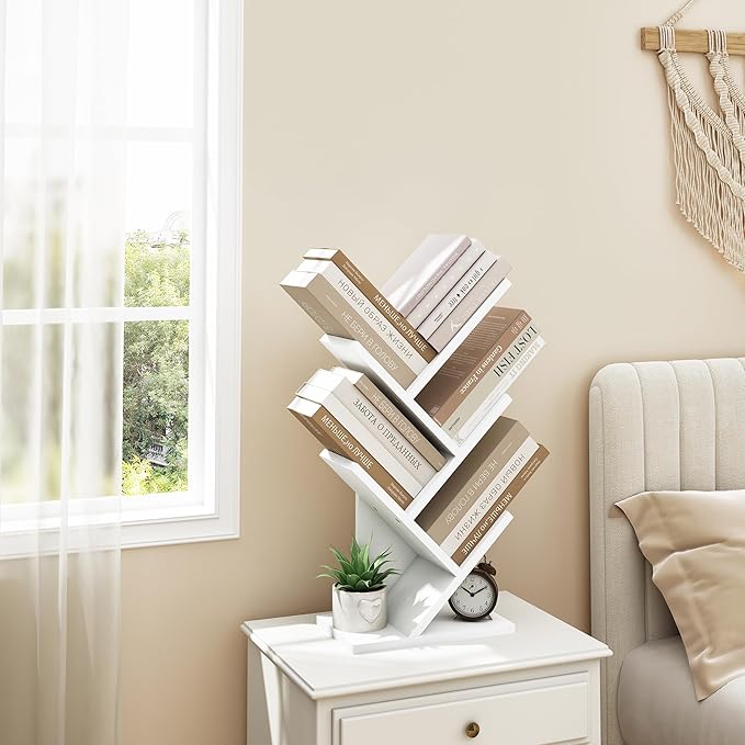 Hoctieon 4 Tier Tree Bookshelf, 4 Shelf Bookcase, Free Standing Tree Bookcase, Display Floor Standing Shelf for Books, Book Organizer Shelves for Home Office, Living Room, Bedroom, White