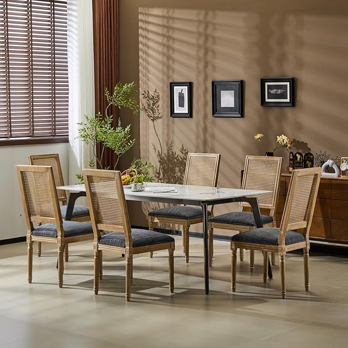 Merax Upholstered Solid Wood Dining Chairs Set of 6, French Country Style Accent Side Seating Furniture for Kitchen, Living Room, Wicker Back, Blue Gray