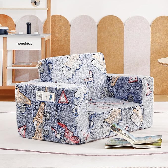 Tiita Kids Chair Couch, Folding Toddler Comfy Sofa Chairs, 2-in-1 Kids Plush Sofa Fold Out, Baby Armrest Chair to Lounger, Convertible Play Sofas to Bed for Girl or Boy, Vehicles