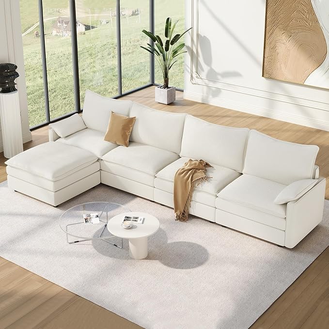 Vesgantti 142" Cloud Couch Sectional Modular Sofa, Comfy Sectional Couch with Ottoman Deep Seat Chenille L Shaped Sofa, Modular Couches for Living Room, Bedroom and Apartment, Snow White