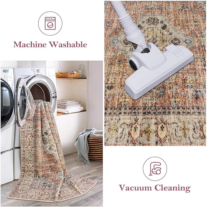 Lahome Oriental Kitchen Runners for Hallways, 2.5x10 Washable Runner Rug Non Slip, Soft Hallway Rug Distressed Ultra-Thin Long Carpet for Bathroom Entryway ‎Bedroom, Peach/Orange