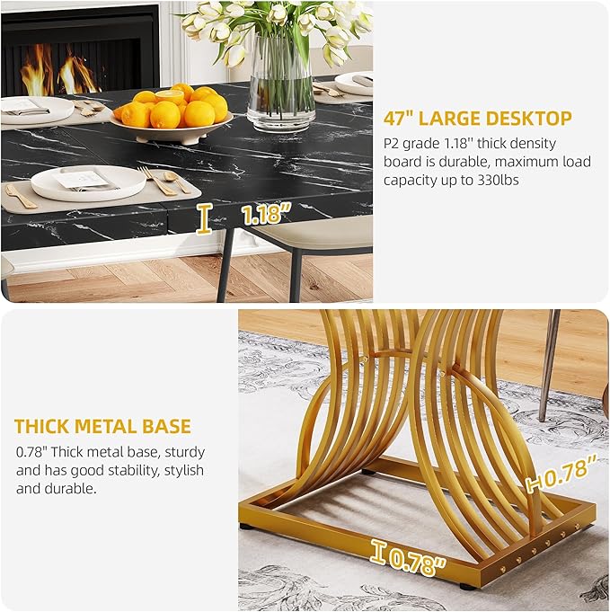 DWVO Modern Dining Table for 4 People 47 Inch Rectangular Kitchen Table with Faux Marble Tabletop and Gold Geometric Legs Small Dinner Table Kitchen & Dining Room Furniture Black & Gold