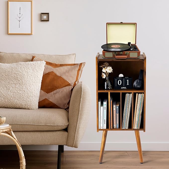 Wooden LP Record Player Stand, 3-Tier Turntable Stand Cabinet Holds up to 100 Albums, Metal Record Storage Holder and Organizer Table, Mid-Century Modern Record Player Holder for Living Room & Bedroom