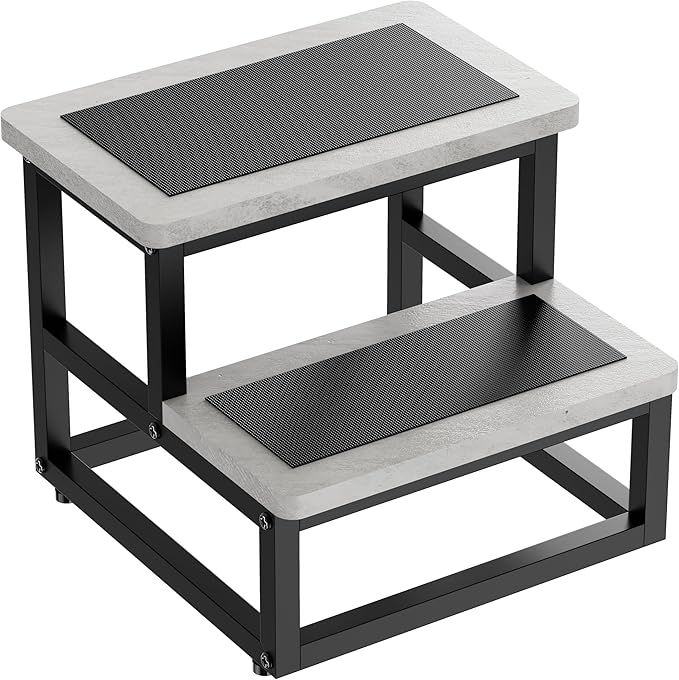 Step Stools, Heavy Duty Stepping Stool for Kids Adults, Non-Slip Metal and Wooden 2 Steps Foot Stool for High Beds and Kitchen, Round Corner, 500 Lbs Capacity, Cement Gray