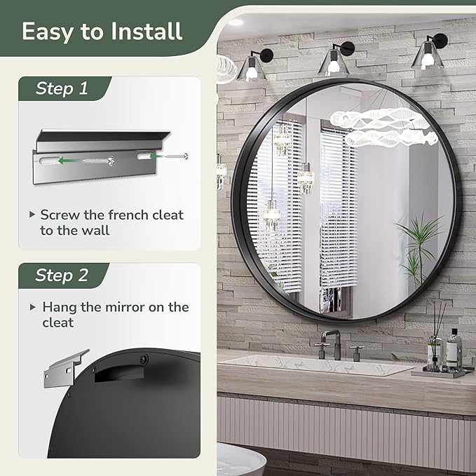 TokeShimi Round Black Mirror 24 Inch for Wall Decor Black Circle Bathroom Mirror with Non-Rusting Aluminum Alloy Brushed Matte Metal Frame for Modern Minimalist Farmhouse Home Decor