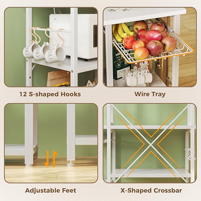 SUPERJARE Large Bakers Rack with Power Outlets, 6-Tier Microwave Stand, Coffee Bar with 12 S-Shaped Hooks, Kitchen Shelf with Wire Basket, 39.3 x 15.5 x 66.9 Inches, White