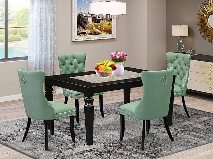 East West Furniture LGDA5-BLK-22 5 Piece Dining Set Contains a Rectangle Wooden Table with Butterfly Leaf and 4 Polyester Fabric Upholstered Chairs, 42x84 Inch, Black