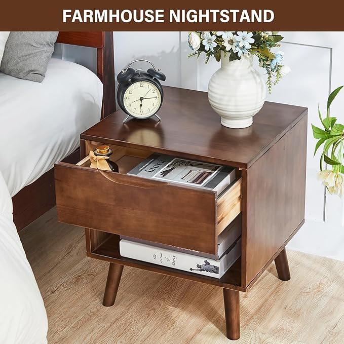 CozyDH Nightstand with Drawer and Opening Storage, Solid Wood Modern Bedside Table for Bedroom, 19" Sofa Side Table with Wooden Legs End Tables Living Room, Walnut