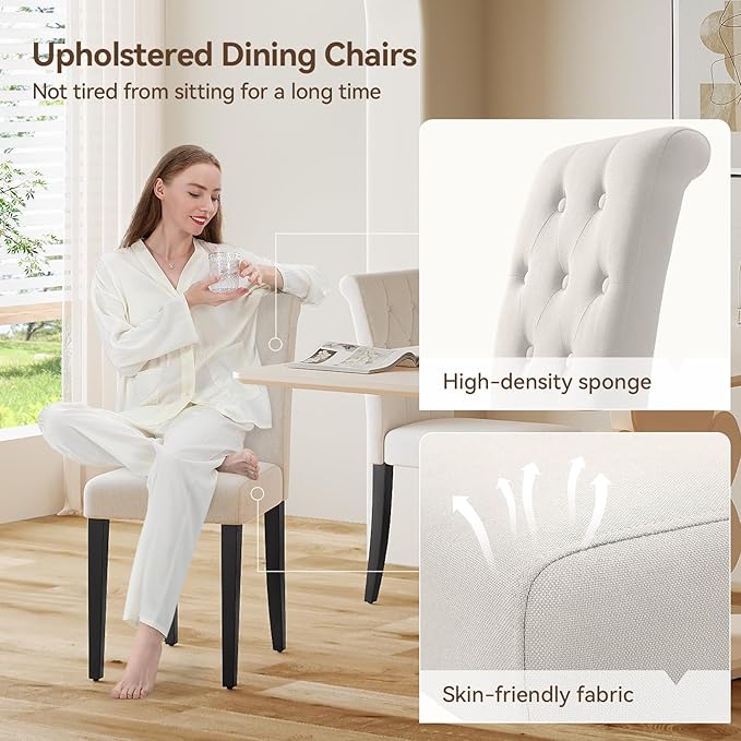 Upholstered Dining Chairs Set of 2, Modern Button Tufted Parsons Design with Solid Wood Legs, Soft Fabric Side Chairs Comfortable & Stylish, White