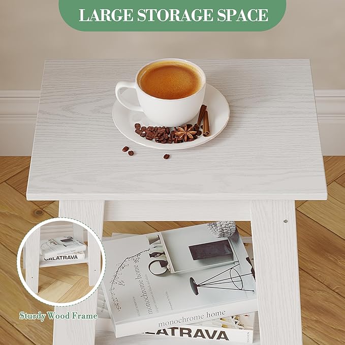 End Table with Double Storage Shelves, Small Space Side Table for Farmhouse Bedroom, Studio Apartment, Entryway， White