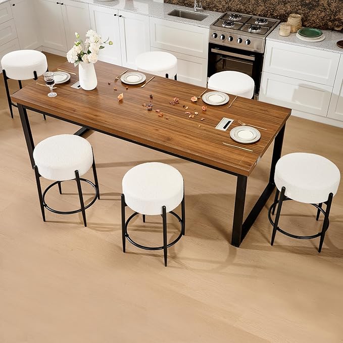 Modern Dining Chairs Set of 4, 23.6" White Round Backless Boucle Sherpa Upholstered Dining Chair with Solid Metal Legs for Kitchen, Living Room