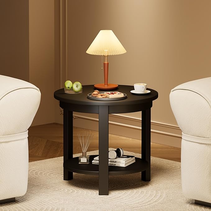 Small Round Wood Coffee Table with Storage Shelf, Living Room Side Table for Couch Sofa, 22 x 20 Inches, 3-Tier Mid Century Modern Wooden End Table for Bedroom, Black