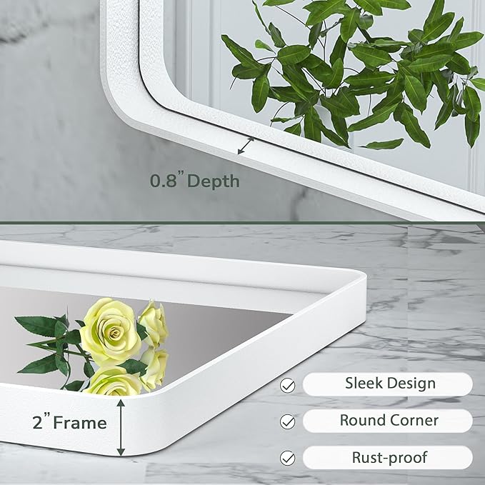 TokeShimi 24x36 Inch White Bathroom Mirror for Wall Vanity Mirror with Non-Rusting Aluminum Alloy Metal Frame Rounded Corner for Modern Farmhouse Home Decor (Horizontal/Vertical)