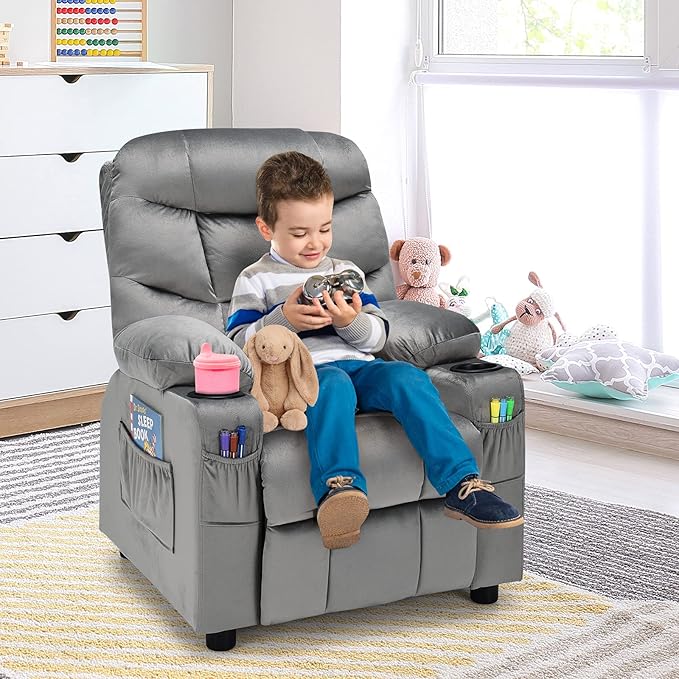 Costzon Kids Recliner Chair with Cup Holder, Adjustable Velvet Lounge Chair w/Footrest & Side Pockets for Children Boys Girls Room, Ergonomic Toddler Furniture Sofa Gifts, Kids Recliner (Gray)