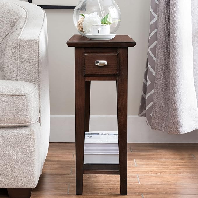 Leick Home 15 in Wide End Table, Solid Wood Construction, One Drawer, One Lower Shelf, Narrow Width, Easy-Assembly, Chocolate Oak, 15 in W x 24 in D x 24 in H, 10071-CH
