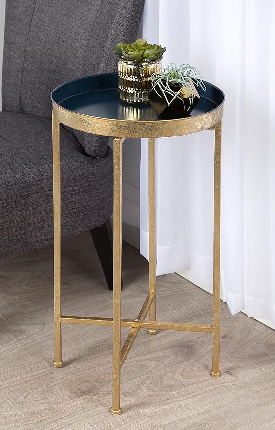 Kate and Laurel Celia Round Metal Foldable Tray Accent Table, Navy Blue with Gold Base