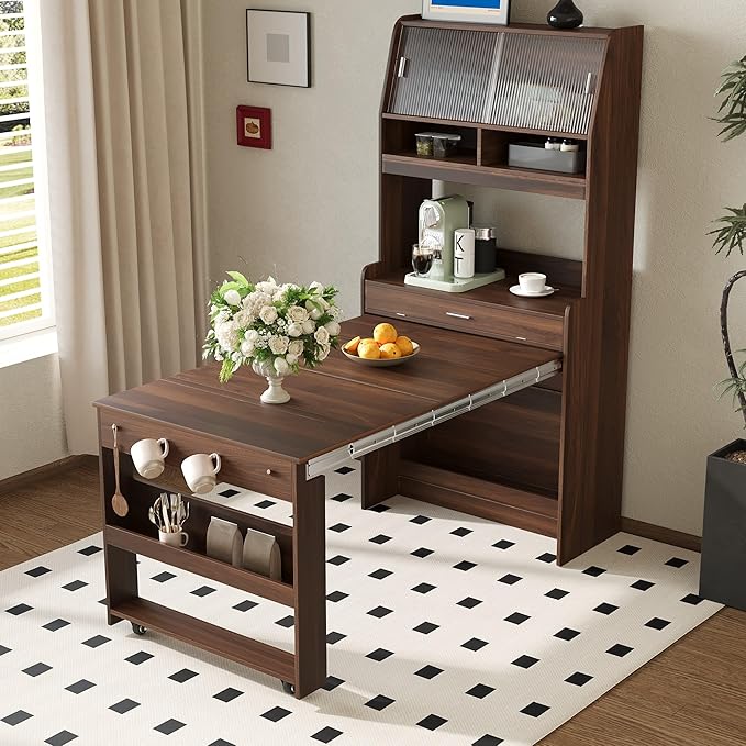 Merax Sideboard Buffet Cabinet with Foldable Dining Table, Multifunctional Cupboard with Storage Shelf and Hooks, for Small Places,Studio, Apartment