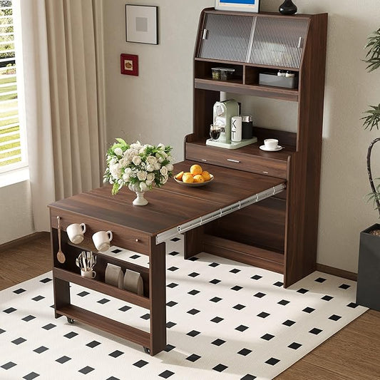 Merax Sideboard Buffet Cabinet with Foldable Dining Table, Multifunctional Cupboard with Storage Shelf and Hooks, for Small Places,Studio, Apartment