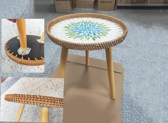 Rattan Round Side Table, Handmade Rattan Tray with 3 Legs, Mother of Pearls Inlay Coffee/Accent Table, Round End/Side Tables for Living Room, Bedrooms, Pedestal Plant Stand for Balcony