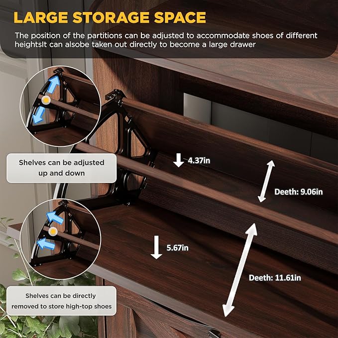 Maupvit Large Shoe Storage Cabinet with 4 Flip Drawers, Narrow Shoe Cabinet for Entryway with Wooden Legs, Freestanding Hidden Shoe Rack Organizer ＆ Metal Hinges, Walnut