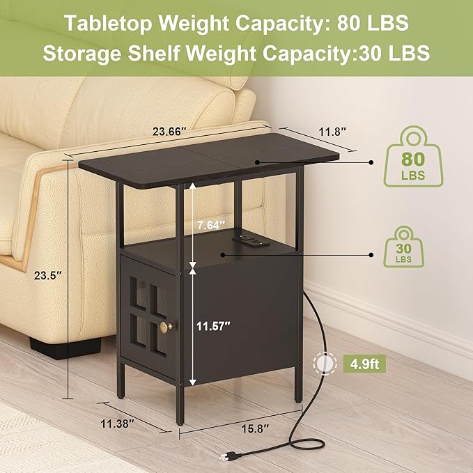 Farmhouse Narrow Side Table with Charging Station - 3-Tier End Table with USB & Outlets Compact Bedside Storage Table for Small Spaces, Multi-Functional Accent Table for Couch Corner Entryway Black