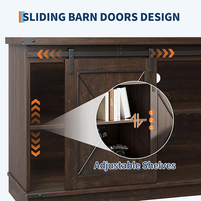 IDEALHOUSE Farmhouse TV Stand and Entertainment Center for Tv up to 65 inches with Sliding Barn Doors and Adjustable Shelf, Tv Media Console Table with Storage Cabinet for Living Room, Brown