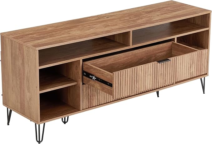 Manhattan Comfort Dumbo Mid Century Modern TV Stand for Televisions up to 60 Inches, Home Entertainment Center with Storage, 6 Shelves, 2 Drawers, No Tool Assembly, 63" Wide, Golden Brown