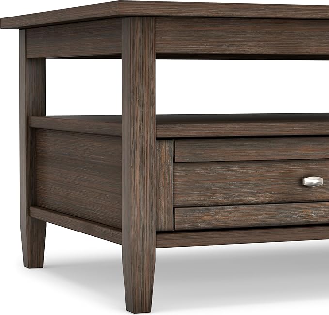 SIMPLIHOME Warm Shaker Coffee Table - 48 inch Wide Solid Wood Cocktail Table in Farmhouse Brown, Transitional Living Room Table with 2 Storage Drawers and Open Shelf for Sitting Area or Lounge