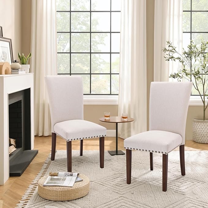 Set of 4 Beige Upholstered Dining Chairs, Farmhouse Kitchen Chairs with High Back Support, Solid Rubberwood Legs, Comfortable Padded Seat, Bronze Nailhead Trim, Dining Room Chairs for Family Meals