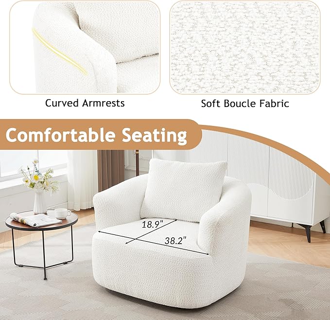 Merax Modern 360° Chenille Swivel Barrel Chair with A Throw Pillow & Armrest, Upholstered Cozy Single Round Sofa with Deep Seating for Living Room Bedroom,Office, Hotel, Easy Assemble, Beige
