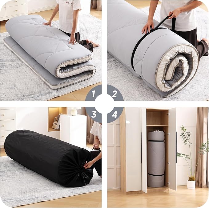 Welnow Japanese Futon Floor Mattress, Thick Full Size Tatami Mat Portable & Foldable Roll Up Floor Bed Mattress with Storage Bag, Sleeping Pad for Adults, Dorm, Guest Bed, Camping and Travel, Grey