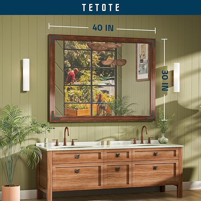 TETOTE 40 x 30 Walnut Wood Mirror for Bathroom Wall/Bedroom/Living Room/Entryway Farmhouse Rustic Bathroom Vanity Mirror Waterproof (Horizontal/Vertical Mounted)