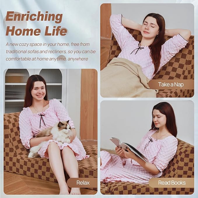Bean Bag Chair for Adults, Folding Sofa Bed, Convertible Sleeper Lounge Chair, Full Foam Filling Comfy Floor Sofa, Folding Chair Bed for Living Room、Bedroom and Office (Brown)