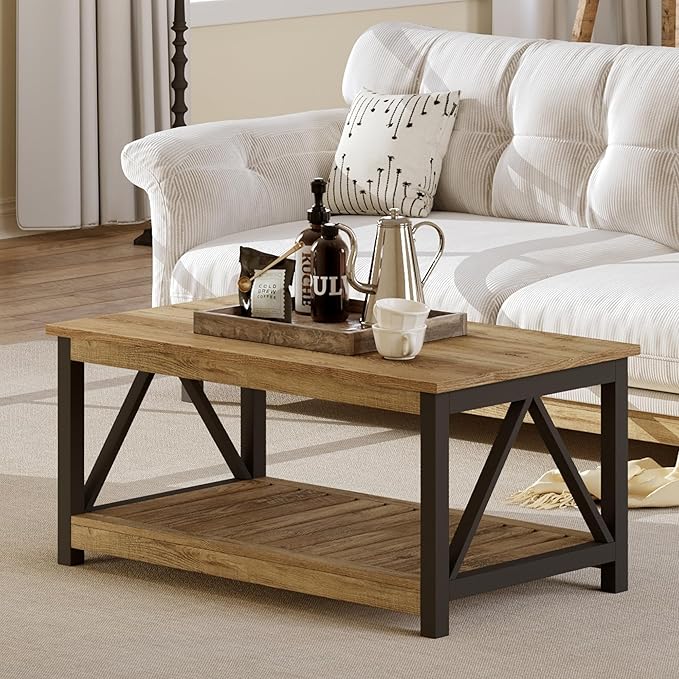 ChooChoo Farmhouse Coffee Table with 2-Tier Storage, 40-Inch Rectangular Wooden Center Table for Living Room, Rustic Oak & Black