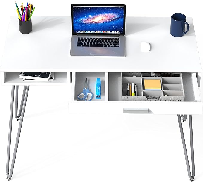 SHW Home Office Computer Hairpin Leg Desk with Drawer, White