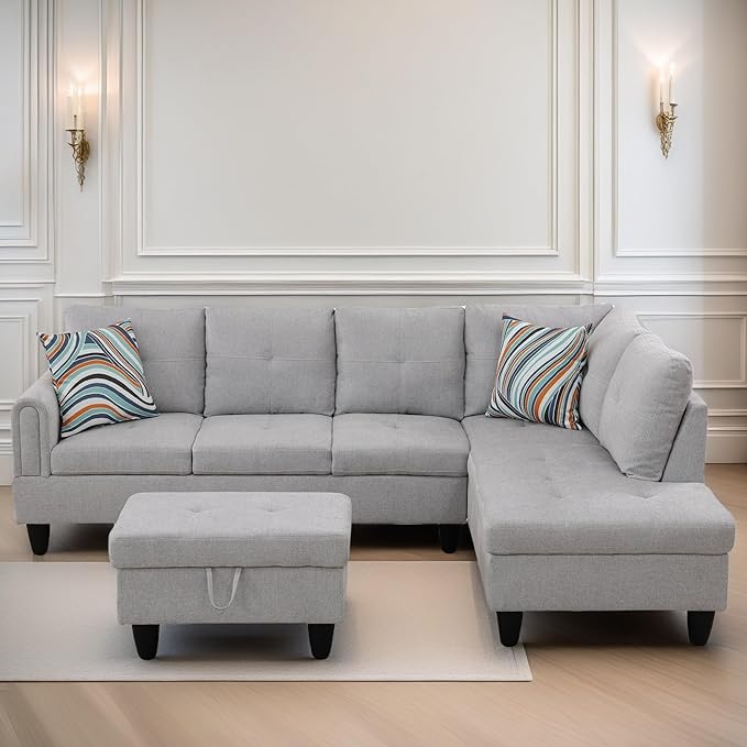 L Shaped Sectional Couches for Living Room, Modern Modular Sectional Sofa with Ottoman Storage, Comfy L Shaped Couch with Chaise for Bedroom Apartment Furniture, Gray