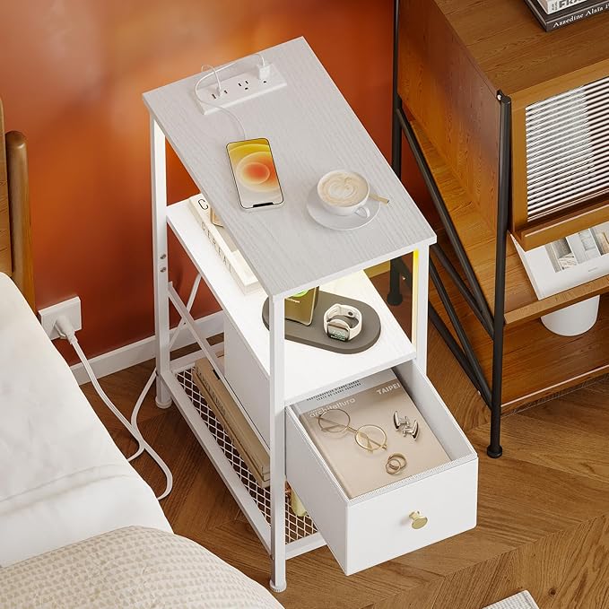 Fixwal Narrow Side Table with Charging Station and LED Light, Skinny Nightstand with 1 Fabric Drawer, Slim End Table for Bedroom, Dorm, Small Space, White