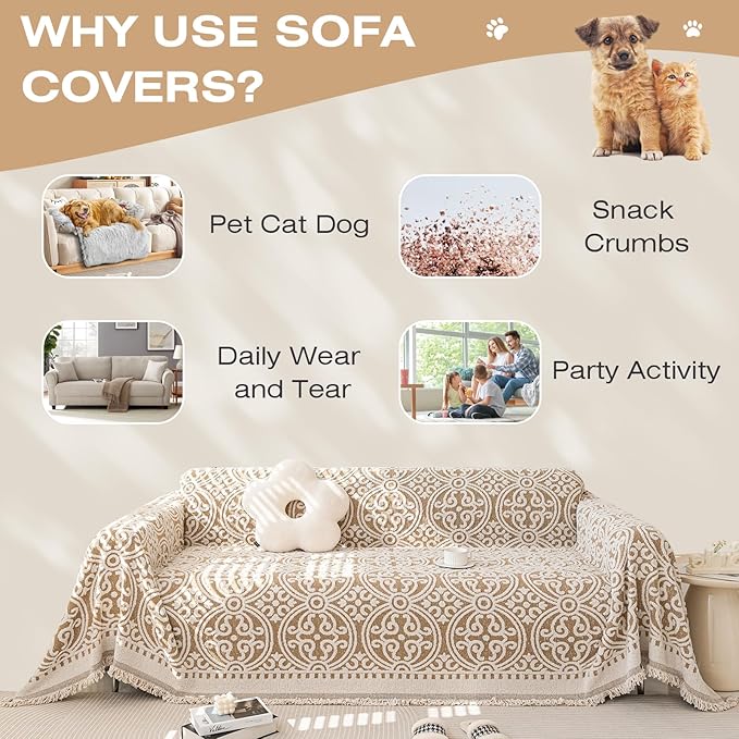 STACYPIK Modern Khaki Jacquard Couch Cover French Style L-Shape Sofa Protector for 3-Cushion Couch, Washable, Stain Resistant, 71x150IN