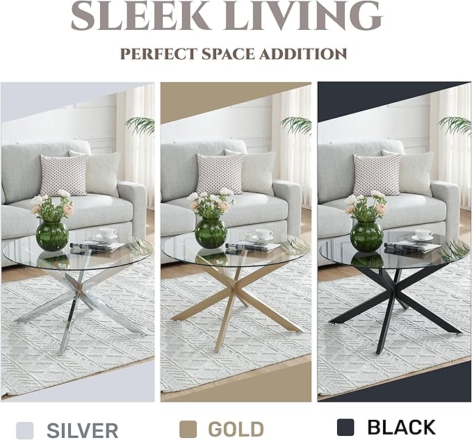 Round Glass Coffee Tables for Living Room, Home Office, Modern & Simple Center Table with Gray Tempered Glass Top, 35.5" Wx19.7 H Black