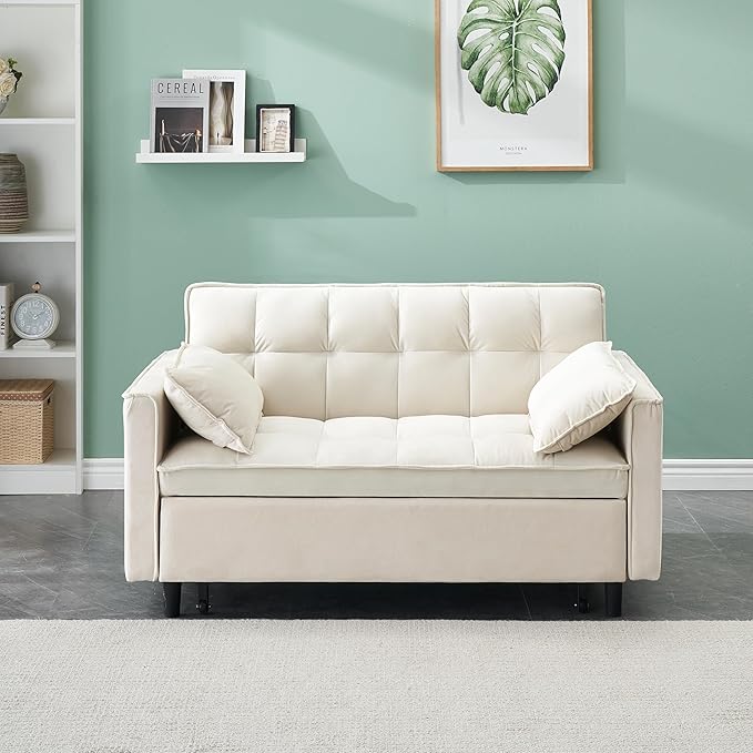 Ball & Cast Convertible Sofa Bed,Loveseat Sleeper Sofa W/Pull-Out Bed&2 Pillows,Convertible Pull Out Couch W/Adjustable Backrest&Side Pocket,Velvet Futon Couches for Living Room,Apartment,Beige,55"