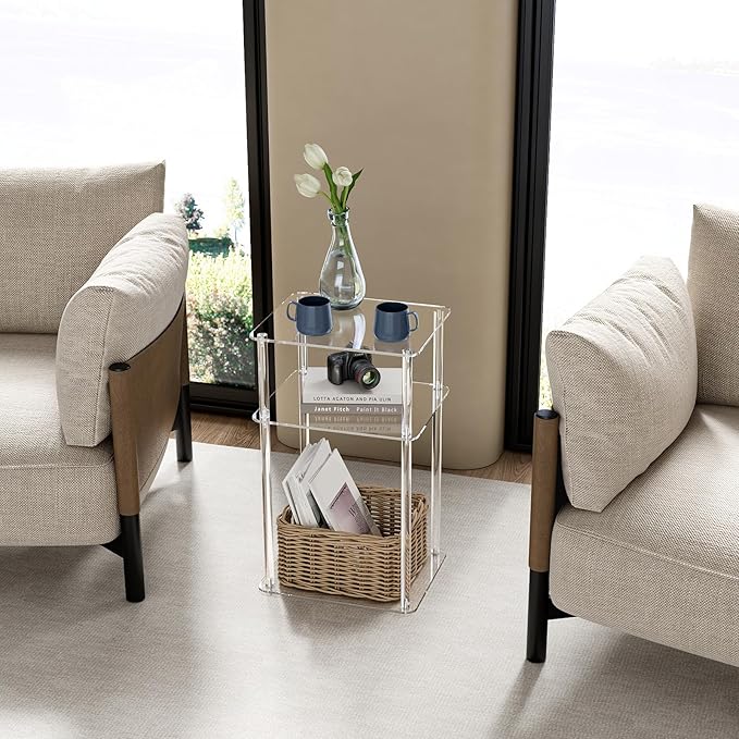 HMYHUM Acrylic Side Table for Small Spaces, 14" L x 11.5" W x 23.2" H, Nightstand/Bedside Table, Home Accent End Table for Living Room, Bedroom, 3 Tier, Clear